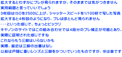 拡大するとわずかにブレが見られますが、そのままでは気がつきません 実用範囲と言っていいでしょう ３枚目はISOを2500に上げ、シャッタースピードを1/100秒で写した写真 拡大すると４枚目のようになり、ブレはほとんど見られません ・・・といった感じで、ちょっとビックリ キヤノンのサイトではこの組み合わせでは４段分のブレ補正が可能とあり、 実際に証明された感じですね これならもう三脚はいらないかも 実際、最近は三脚の出番はなし 以前は戸隠に重いレンズと三脚をかついでいったものですが、今は昔です